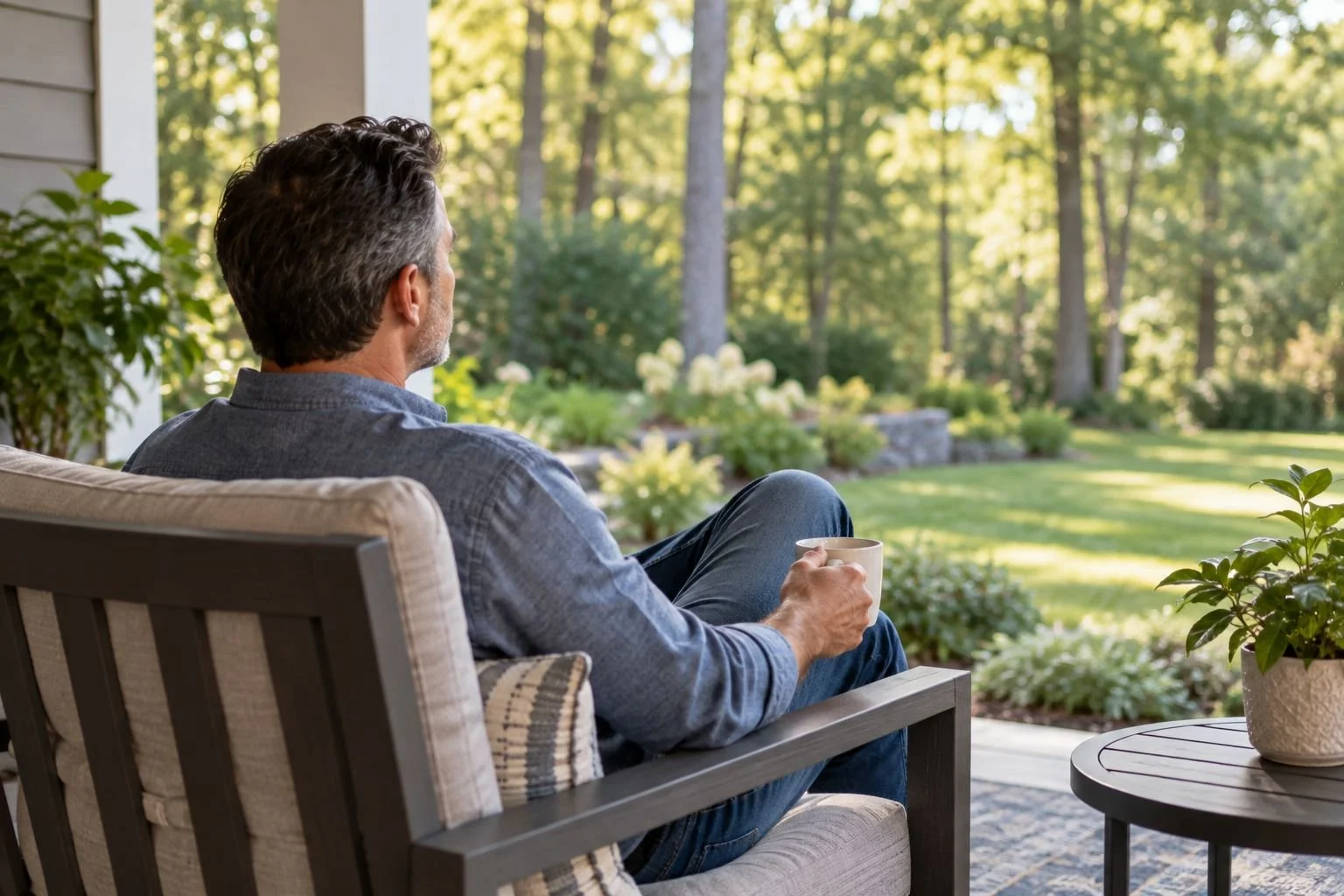 Man sitting quietly on a porch overlooking a peaceful backyard while coping with trauma and PTSD.