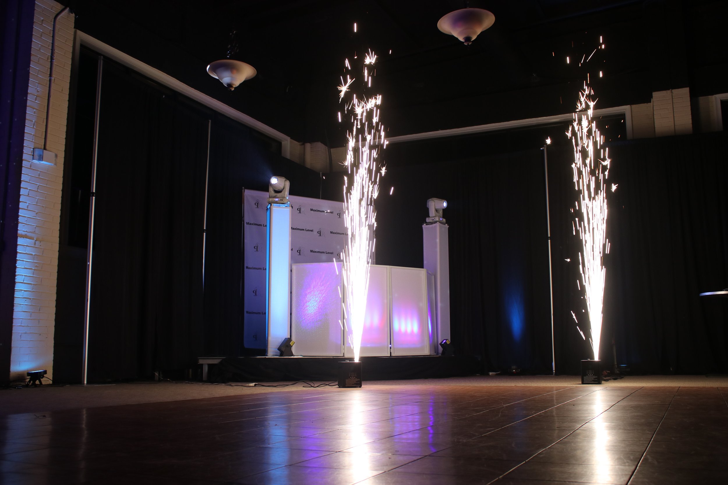 Stage with cold sparklers and lighting equipment.