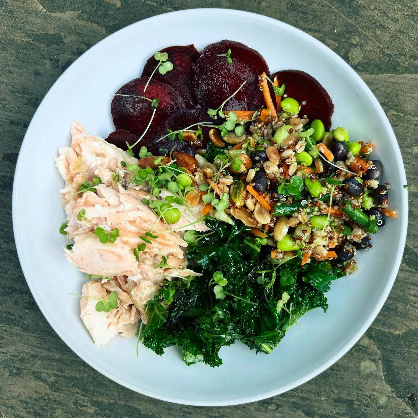 A Mix &amp; Match food idea for a sling-together lunch: M&amp;S Supper Nutty Salad and M&amp;S Honey Roast Salmon with left over stir-fried kale and roasted beetroot. I find lunch times can be a bit of a challenge, both in terms of inspiration, time 