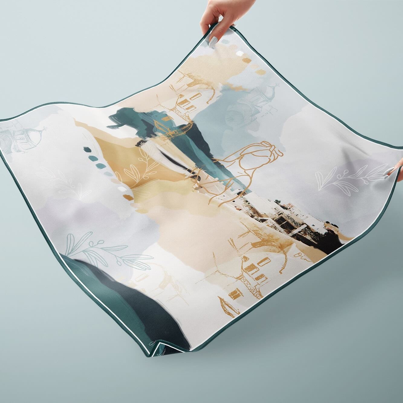 This square Chiffon scarf is now available on my website! Get in quick as there are only 2 left! 

This artwork is made up of a film photo I took in Santorini, some sketches I made perched along the cliff side and an abstraction of the colours of the