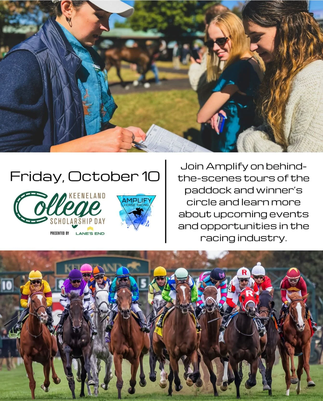 🎓 Come see Amplify Horse Racing at Keeneland College Scholarship Day this Friday!

We&rsquo;ll be connecting with students, giving exclusive paddock tours, and talking all things Thoroughbred racing. 

Register here: keeneland.com/racing/college-sch