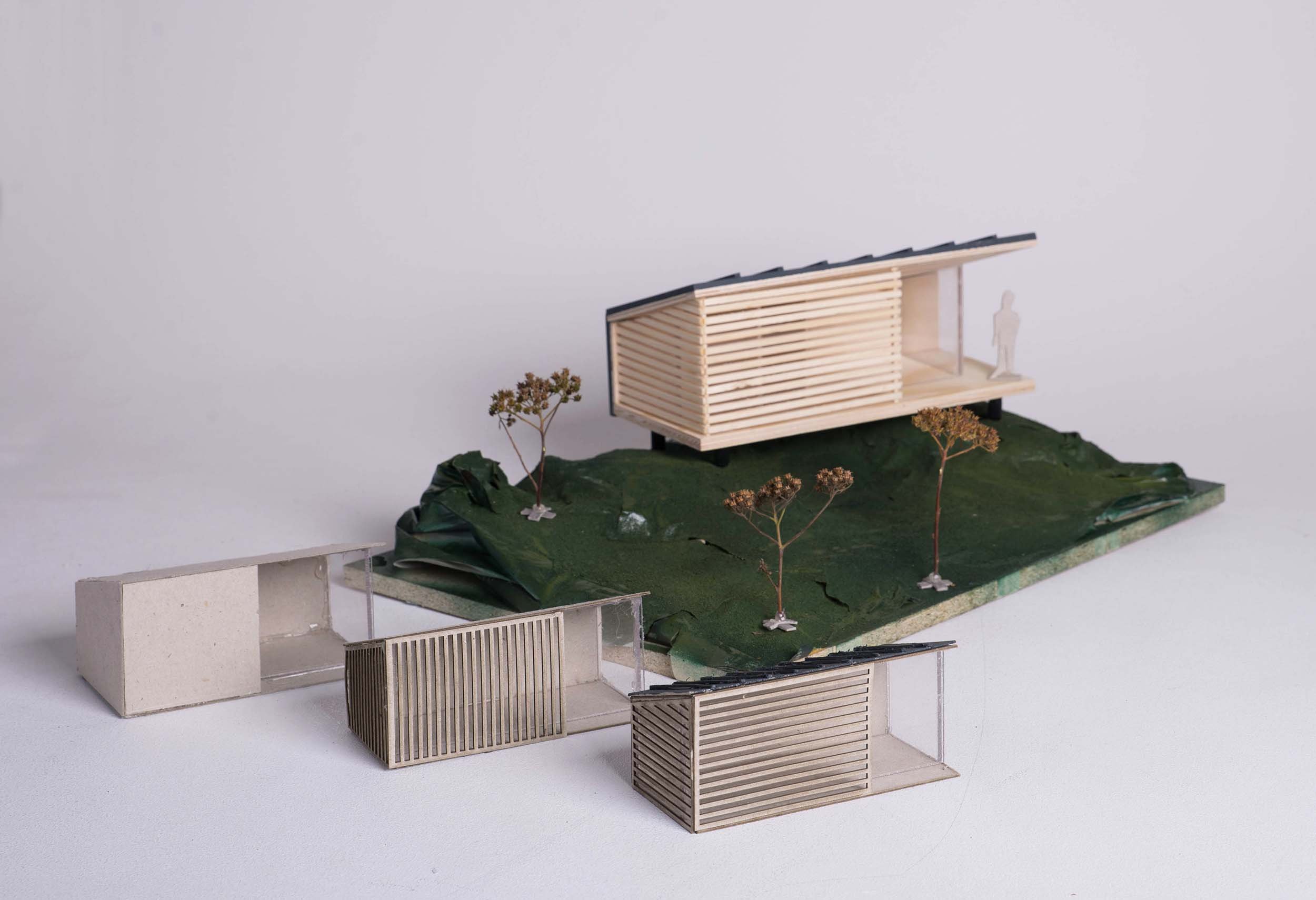 Scale models of the Woodshed Cabin.
