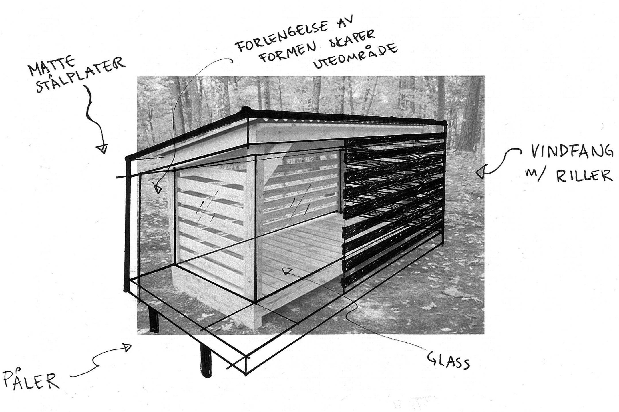 Concept sketch, transforming a basic shed into a habitable space.