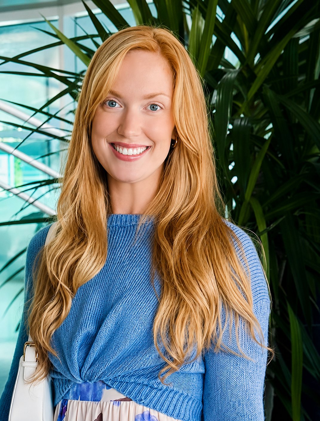 A smiling woman with long blonde hair and blue eyes, wearing a dark blazer, standing outdoors with a blurred green background.