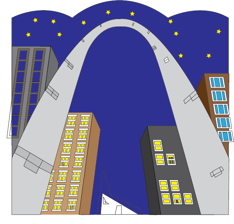 Another Adobe Illustrator project that I created in the multimedia class was this vinyl printing of the St. Louis Arch. This piece was made as if you were viewing it from a ground level angle, viewing the city skyline at nighttime. The white triangle