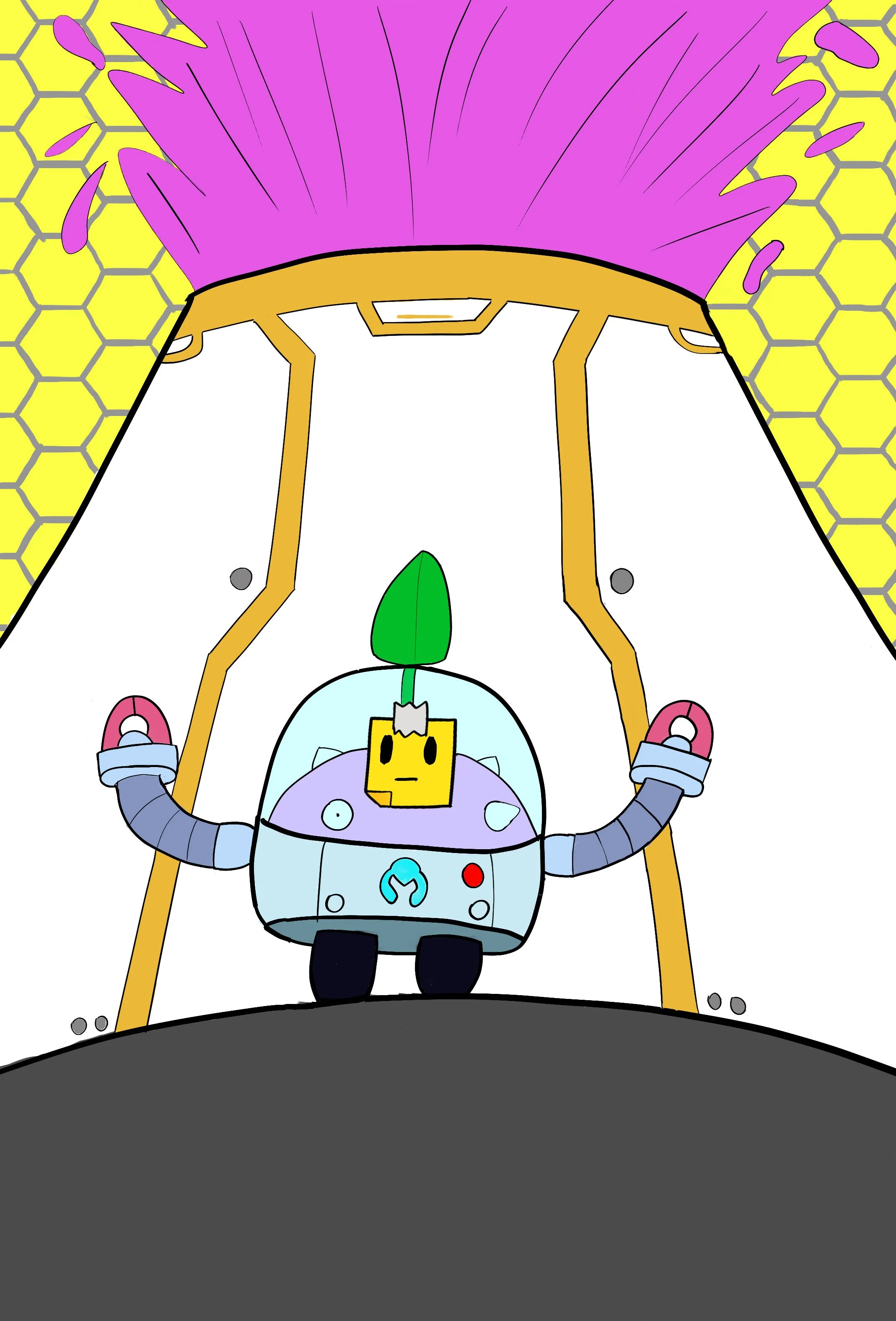 For this piece, I depicted the before and after of Sprout from Brawl Stars being splashed by a vat of chemicals. This piece depicts the before of that set, with Sprout running away from the oncoming explosion.