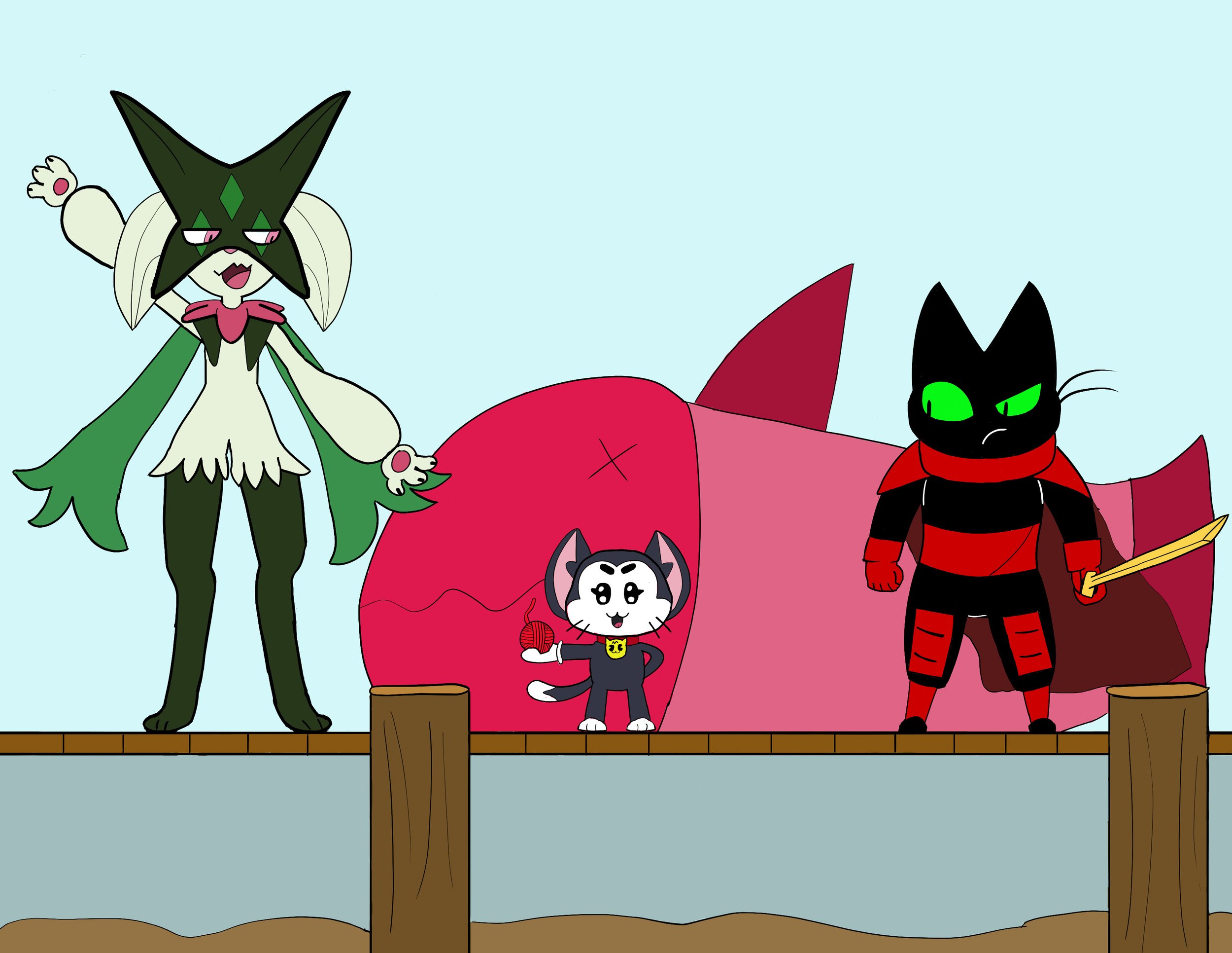 For this piece, I created a crossover between three different cat characters from media. From left to right: Meowscarada (Pokémon), Kit (Brawl Stars), and Mao Mao (Mao Mao Heroes of Pure Heart).