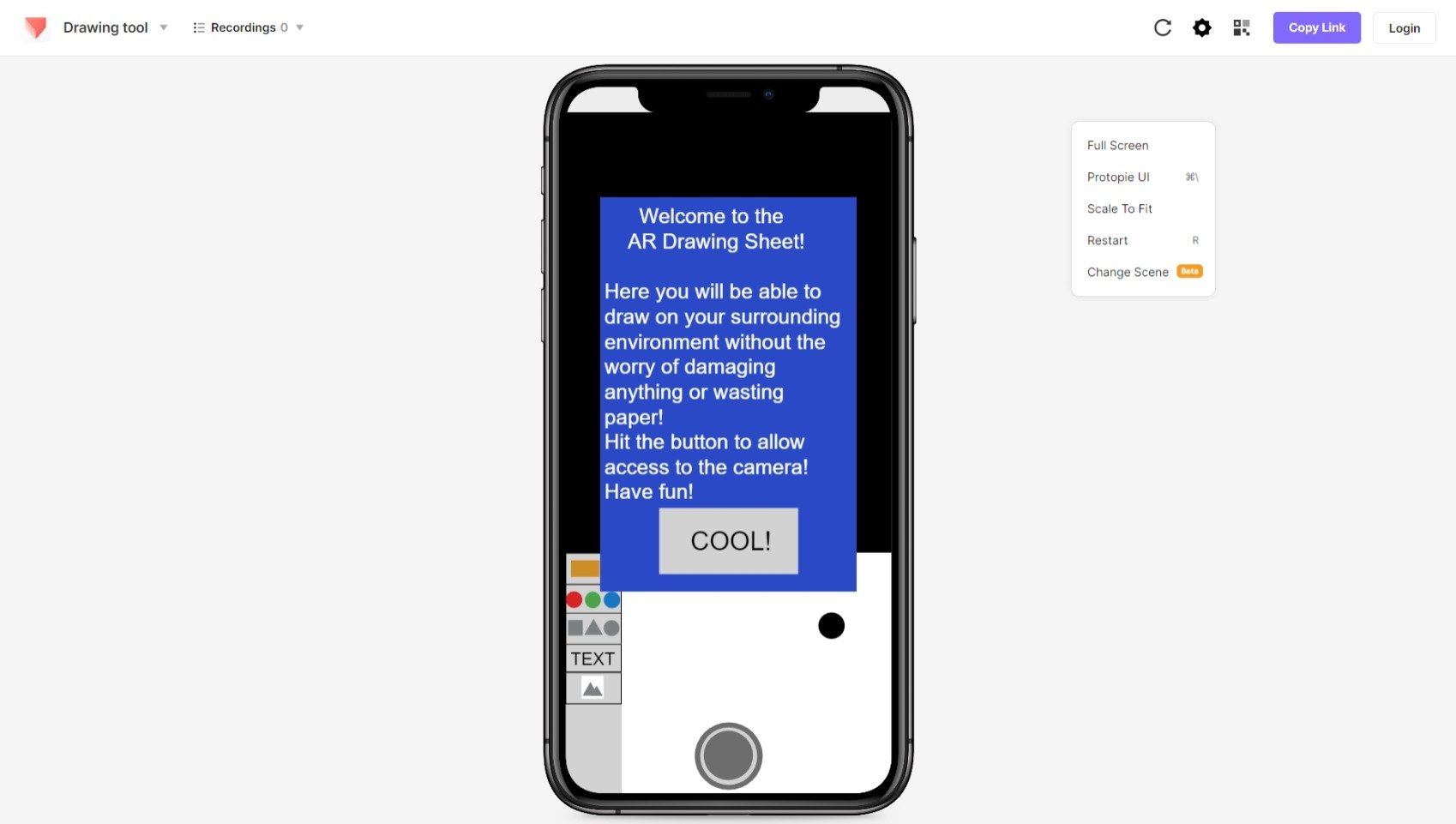 For an augmented Reality class, we had to make a mockup UI for an AR application. We focused on readability and ease of use, so I designed an art application that would be simple to understand and utilize.