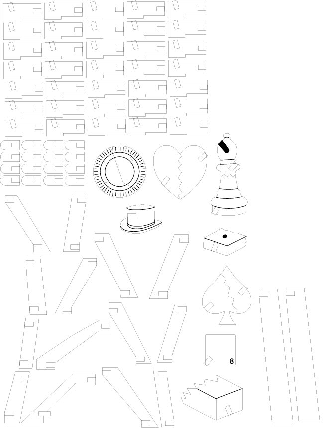 This sheet was made mainly for all of connecting pieces of this sculpture as well as some of the game pieces that would line the outside of the sculpture. The small u-shaped hooks were to cover any open notched on the piece that I didn't use. The L s