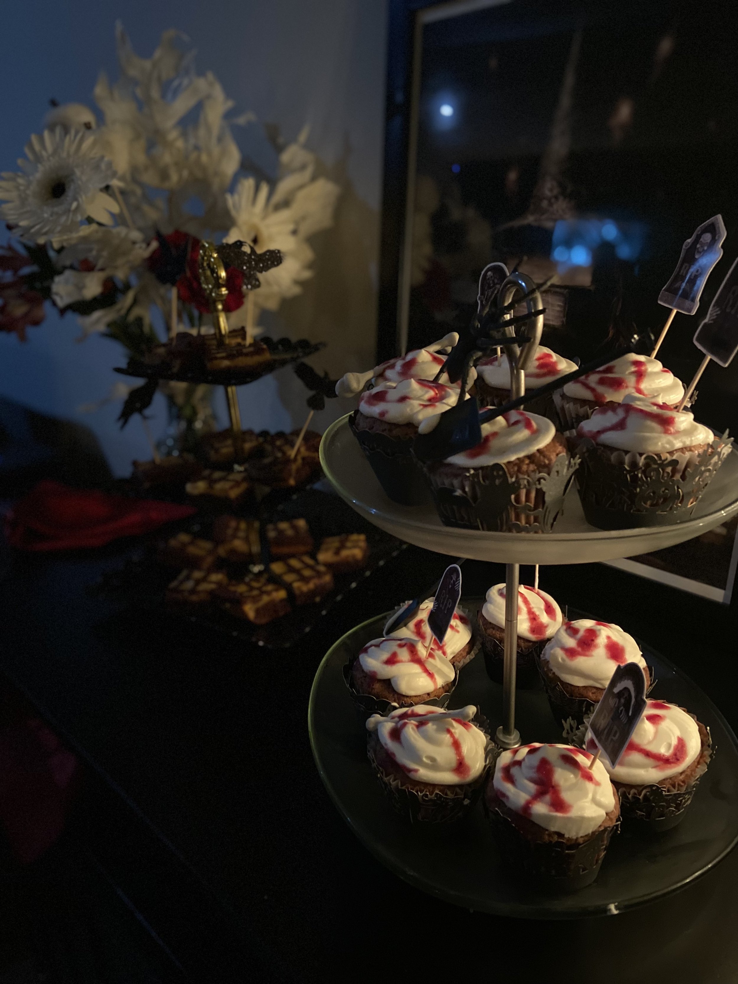 The perfect dessert for halloween, red velvet cupcakes.