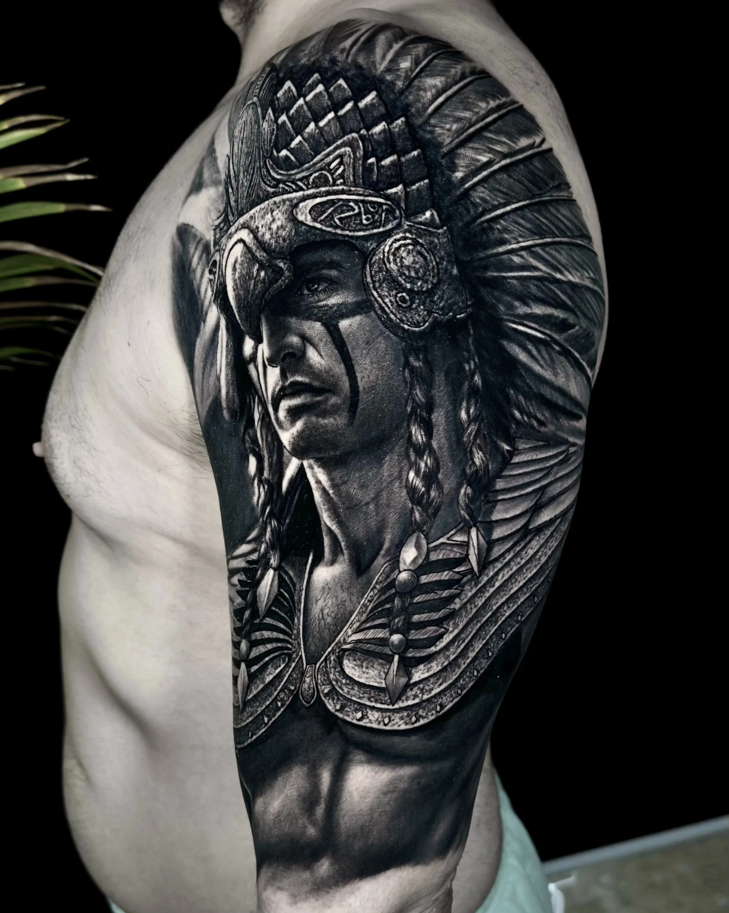 Aztec eagle warrior realism tattoo on the upper arm by Etgar Oak