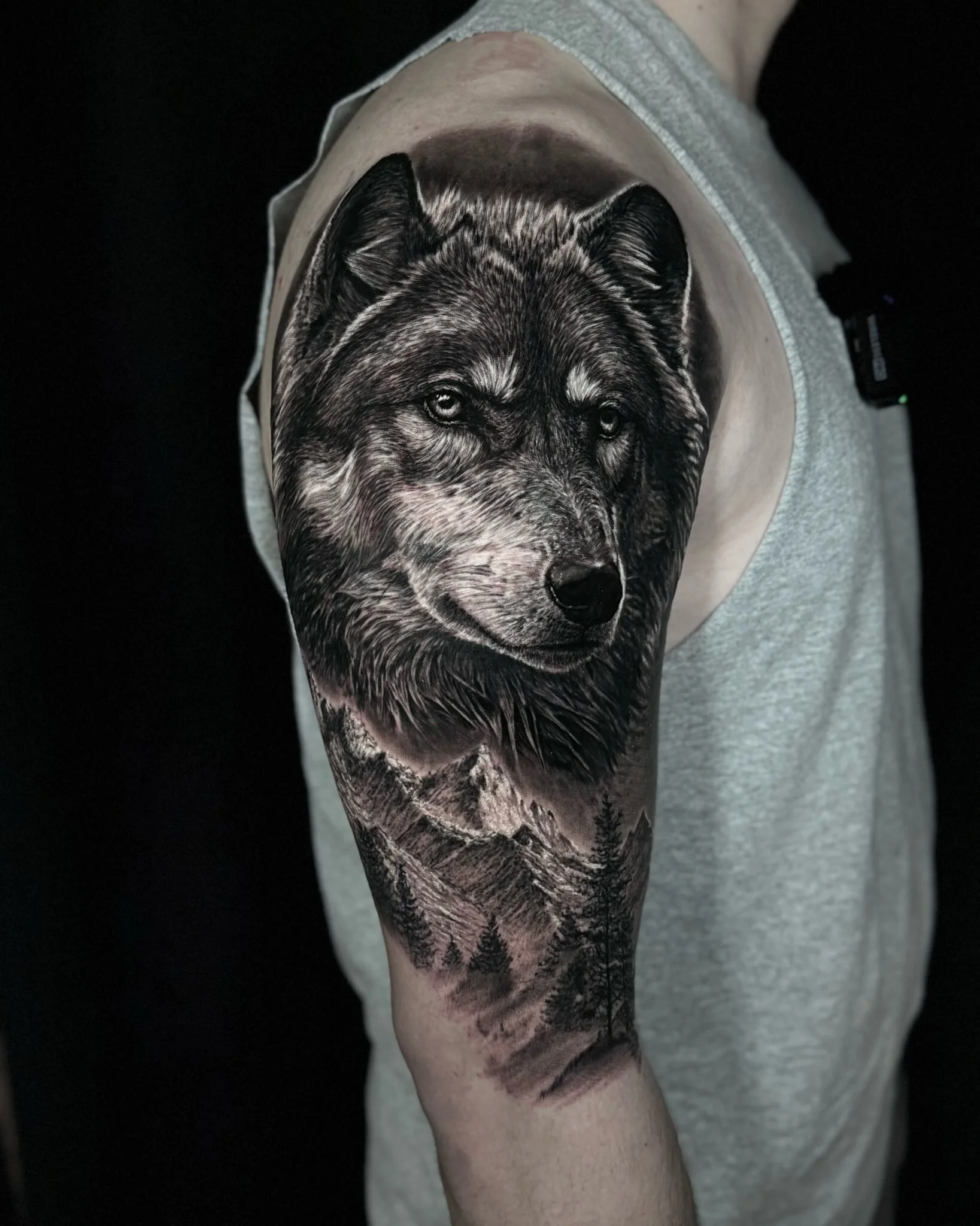 Wolf and mountains realism tattoo on the upper arm by Etgar Oak