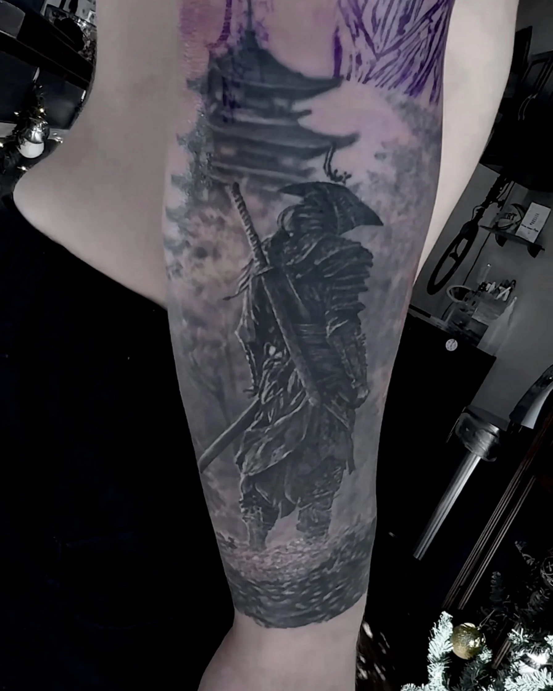 Healed samurai and pagoda realism tattoo on the forearm by Etgar Oak