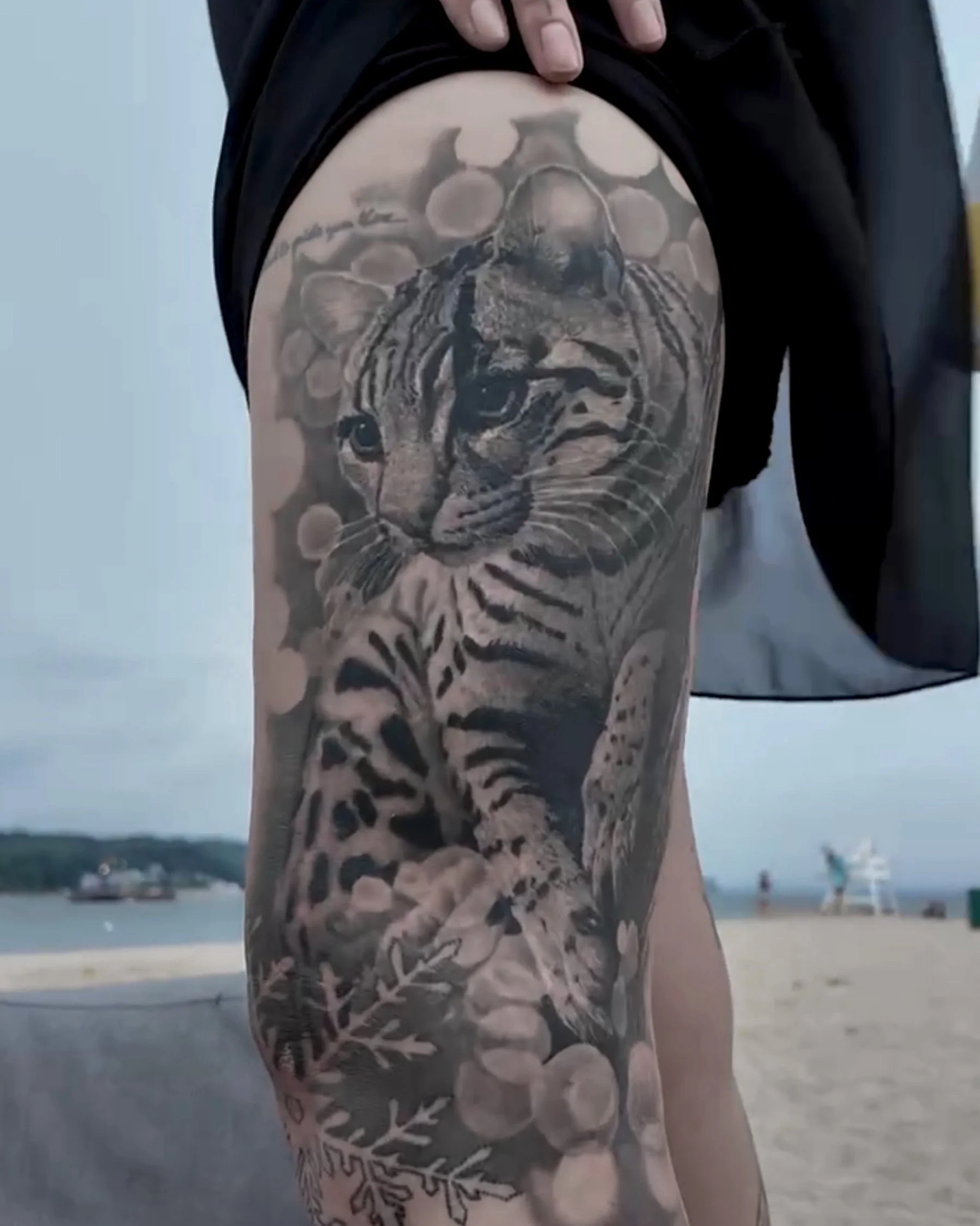 Healed spotted cat with bokeh lights realism tattoo on the thigh by Etgar Oak