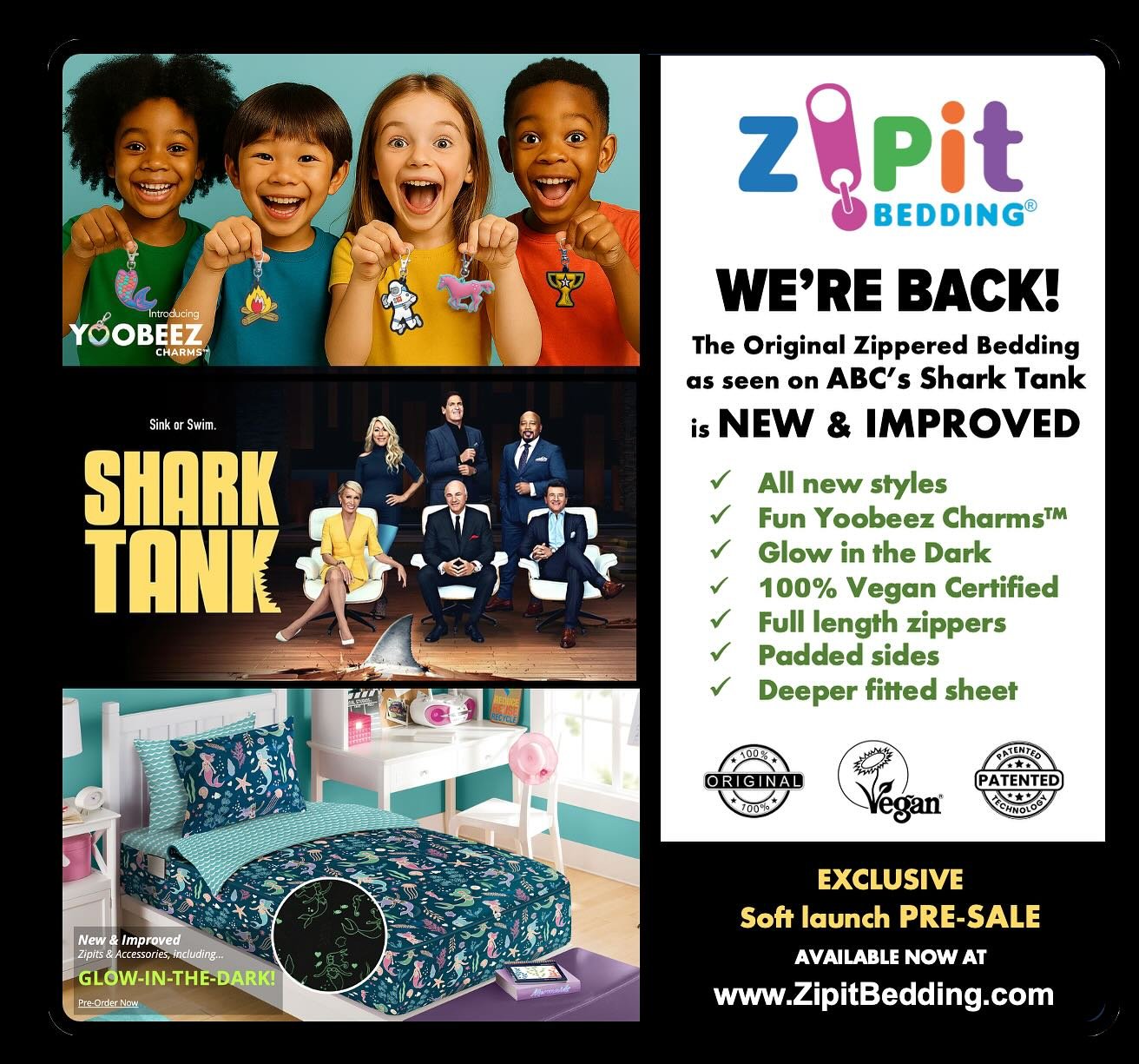 Zipit Bedding, the ORIGINAL zippered bedding as seen on TV and on @sharktankabc is finally BACK! And we&rsquo;re BETTER THAN EVER! With NEW &amp; IMPROVED styles, including GLOW-IN-THE-DARK and introducing Yoobeez CharmsTM zipper pull charms! COLLECT