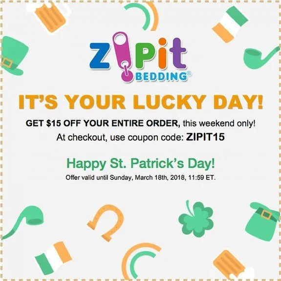 #NEWS: St. Patrick&rsquo;s Day Sale starts tomorrow! Go to www.ZipitBedding.com and enter promo code: ZIPIT15 to get $15 off your entire order! 🍀🍀🍀 See below for more details!#justzipit #zipperedbedding #sharktank #kids #parents #bedding #sale