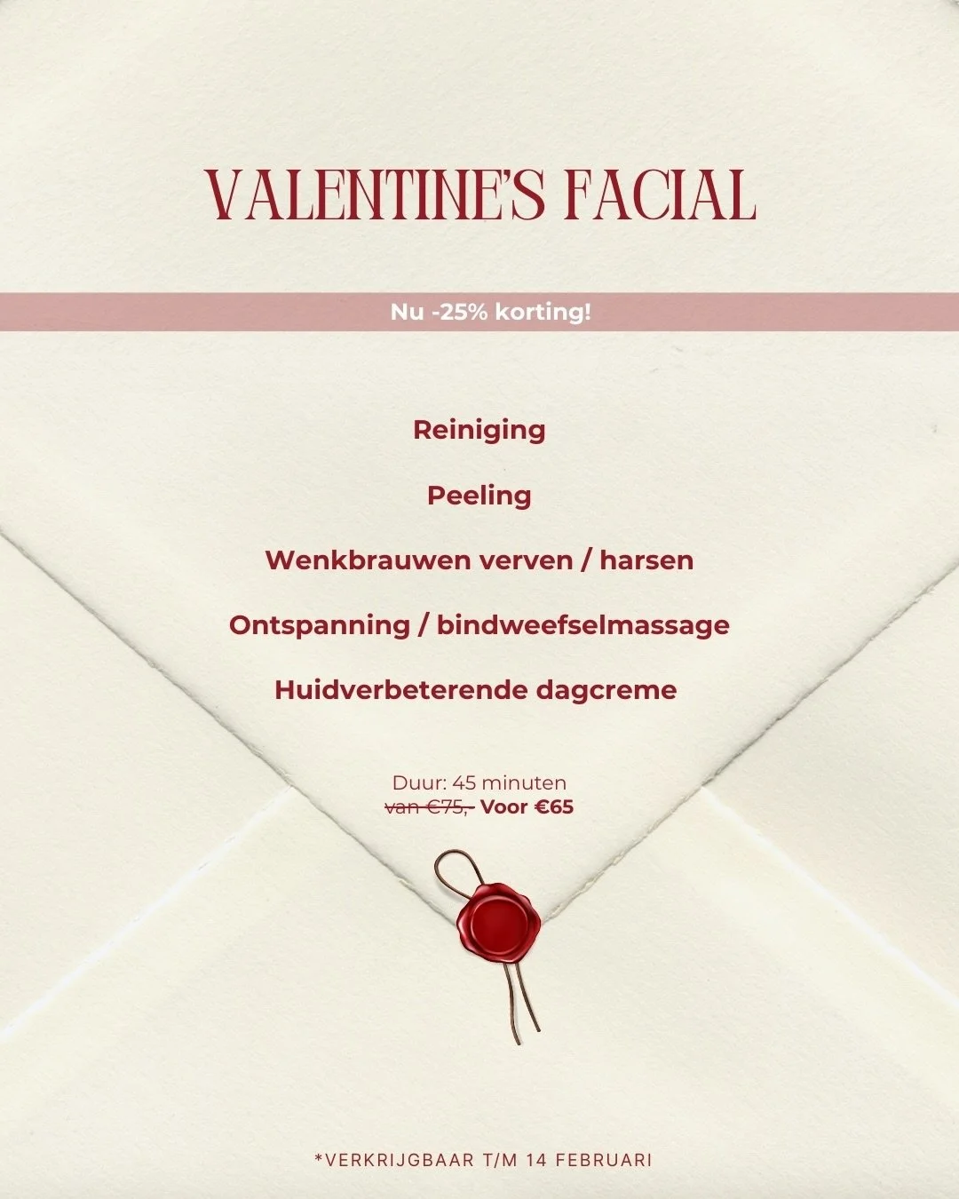 Verras je geliefde &mdash; of jezelf &mdash; met deze Valentine&rsquo;s Facial.
Nu 25% korting, verkrijgbaar t/m 14 februari.