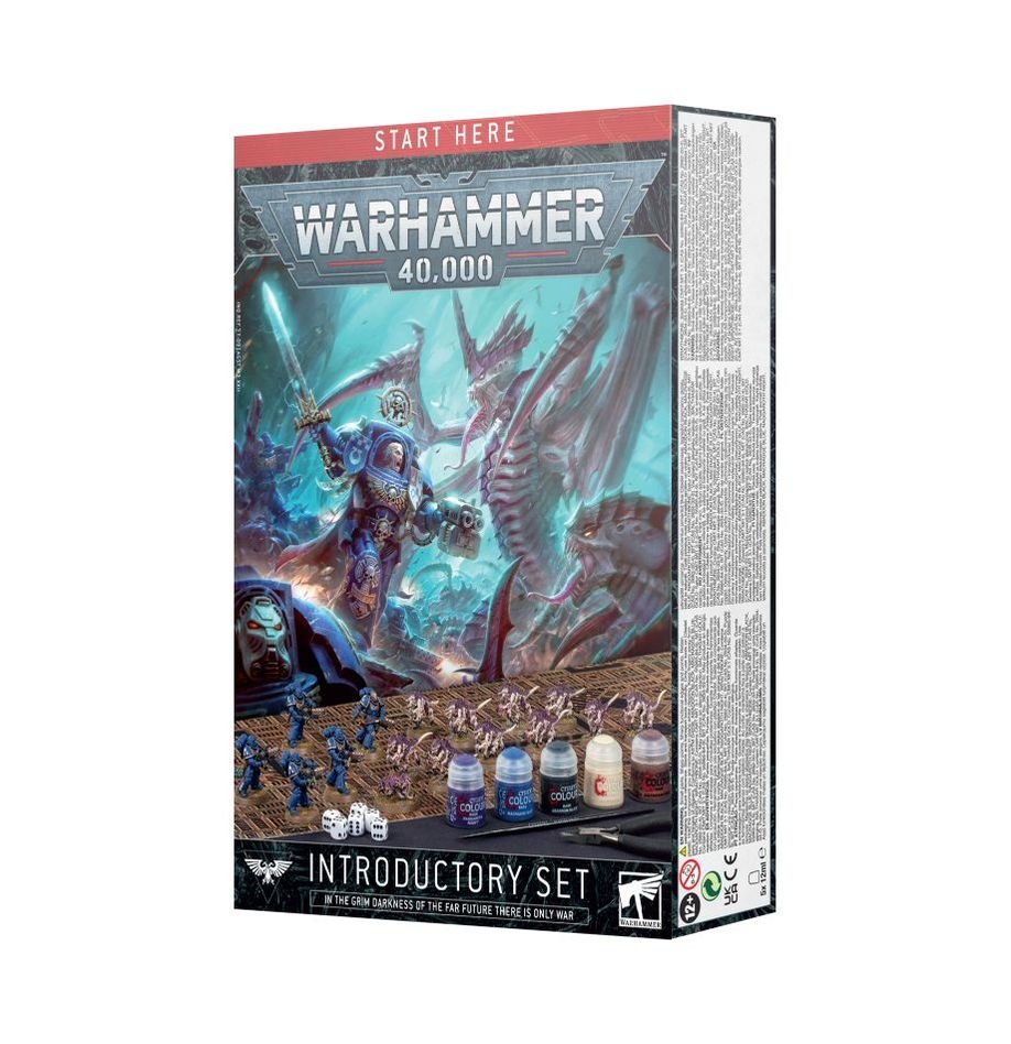 Warhammer 40,000 Introductory Set box – beginner-friendly kit with Space Marines, Tyranids, rulebook, paints, tools, and game accessories.