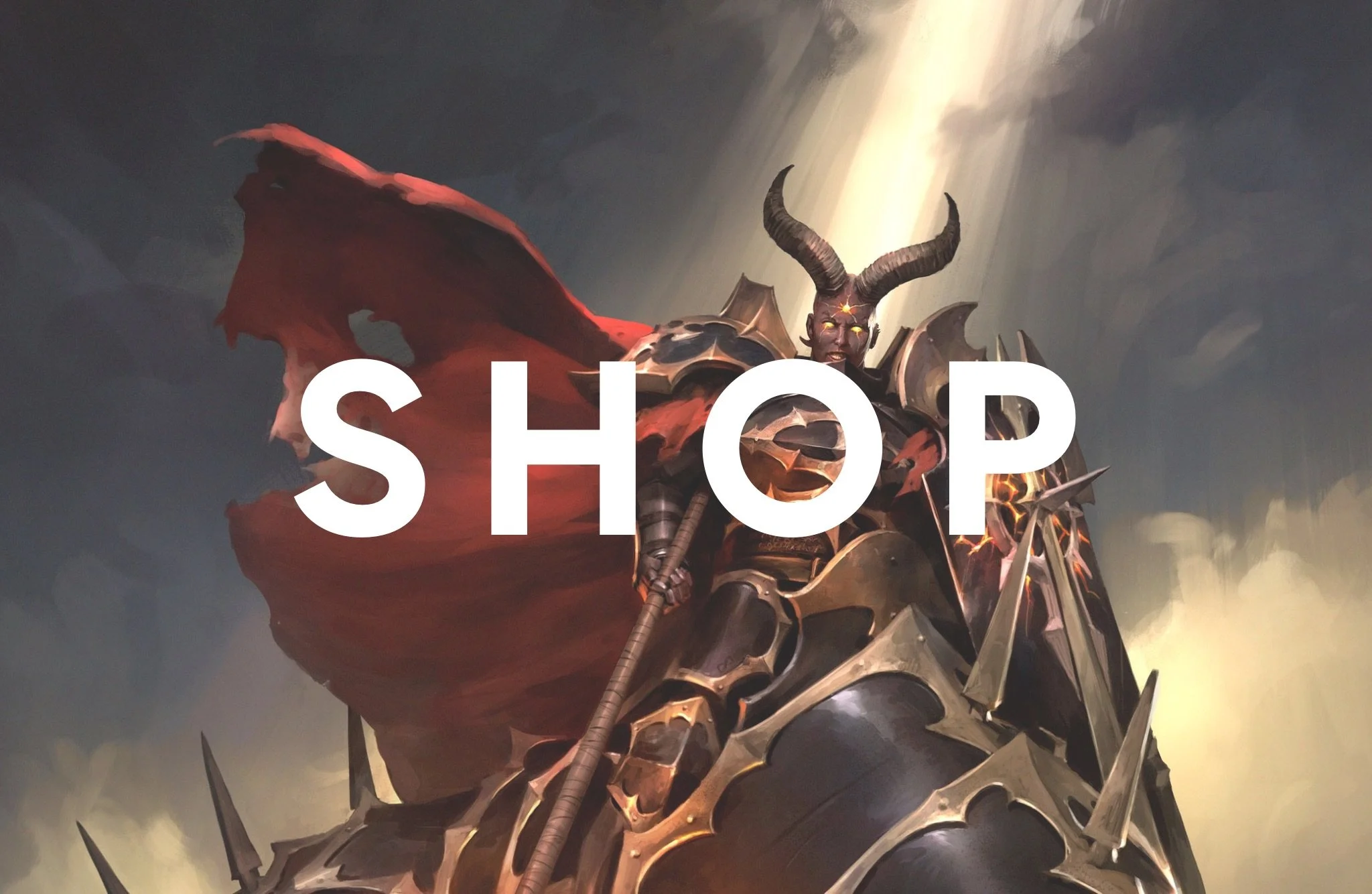 This epic promotional image for Warhammer: Age of Sigmar showcases a fearsome Chaos warrior clad in dark, spiked armor, with glowing eyes and massive horns. Bathed in a divine beam of light, the warrior stands imposingly with a tattered red cape bill