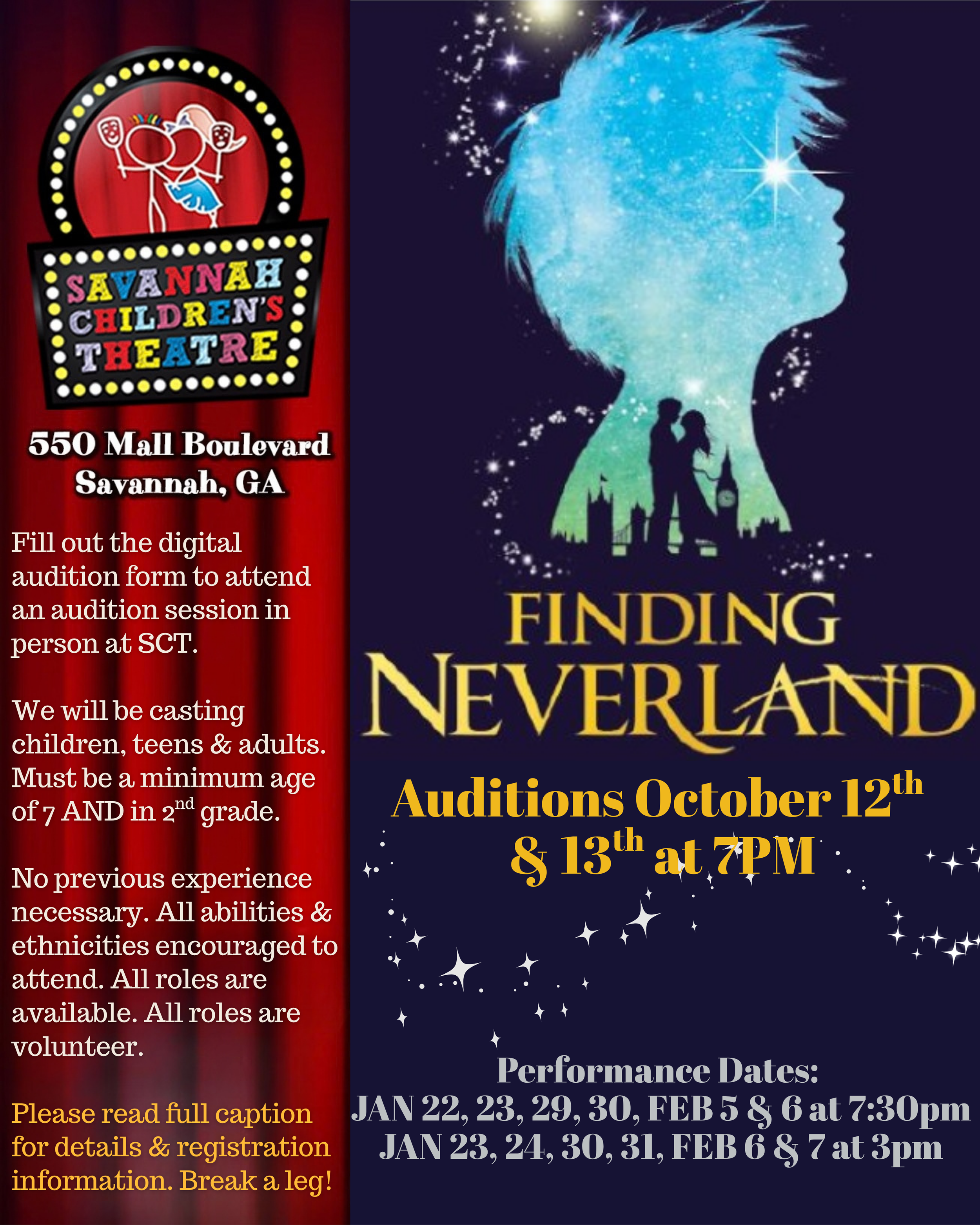 Auditions Happening October 12th & 13th
Ages 7+ and in 2nd grade.
Fill out the digital audition form online.