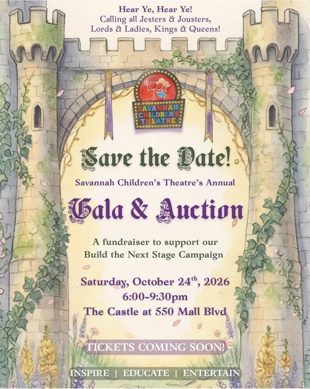 Hear Ye, Hear Ye!
Save the Date for SCT's Annual Gala & Auction on October 24th!
Proceeds from this fundraiser will support SCT's Build the Next Stage campaign.  
Help us transform our "Once Upon a Time" into "Happily Ever After"!
Brush off your crow