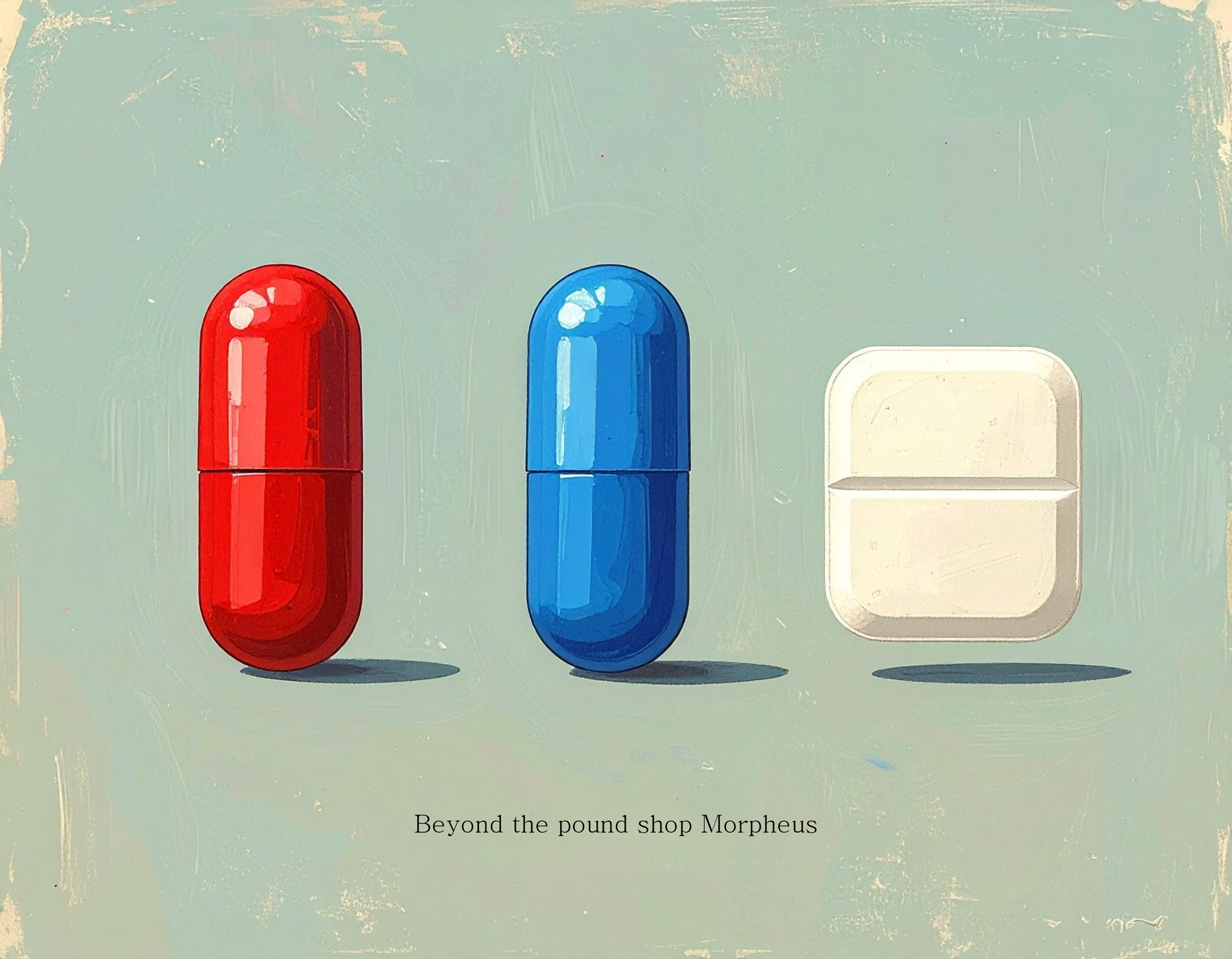 Image shows a graphic of a red pill, a blue pill and an antacid. Caption below reads, "Beyond the pound shop Morpheus"