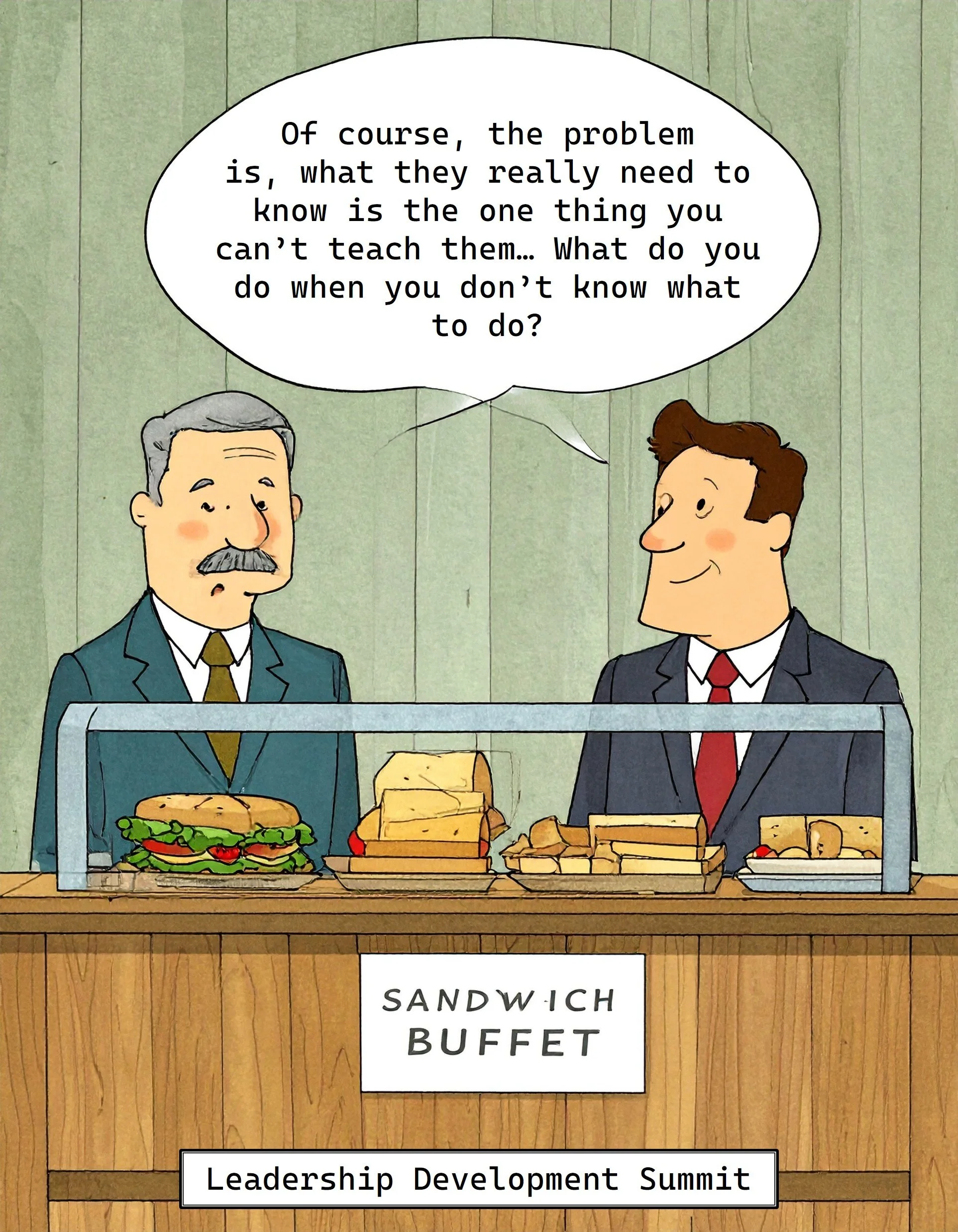 Cartoon image showing two corporate men at a sandwich buffet. A sign reads "Leadership Development Summit". A speech bubble coming out of both men's' mouths reads, "Of course, the problem is, what they really need to know is the one thing you can't t