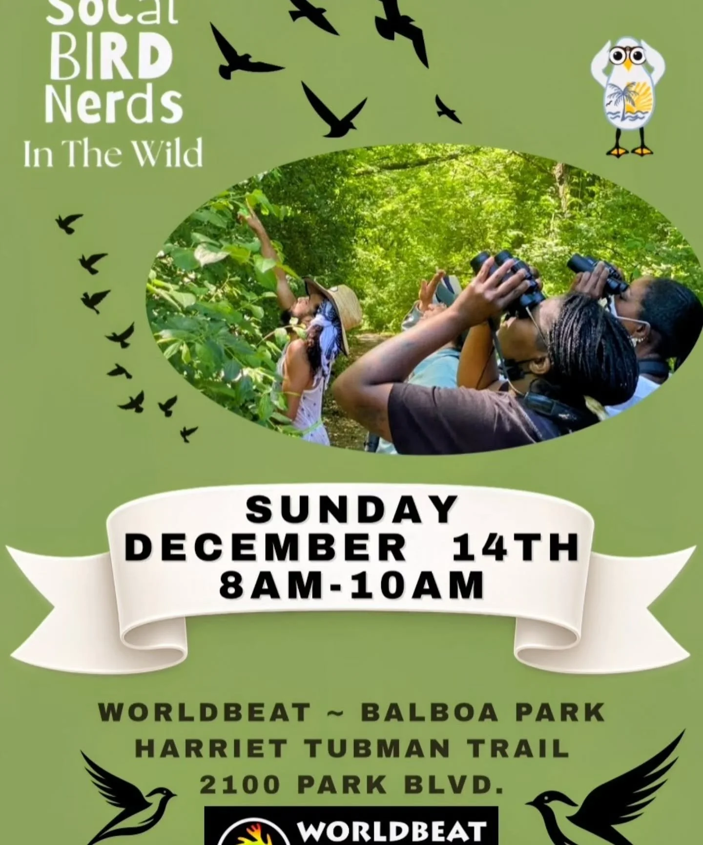 🙌🏾JOIN US this coming SUNDAY MORNING 8a-10a for our monthly bird outing
on the Harriet Tubman Trail in Balboa Park🌳

✨️The SoCal Bird Nerds are honored to partner with @worldbeatcenter and offer sit spots birding in the @worldbeatethnobotanysanctu