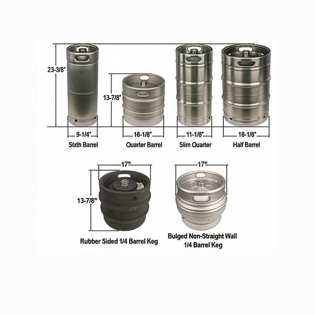 Image of six different keg sizes.