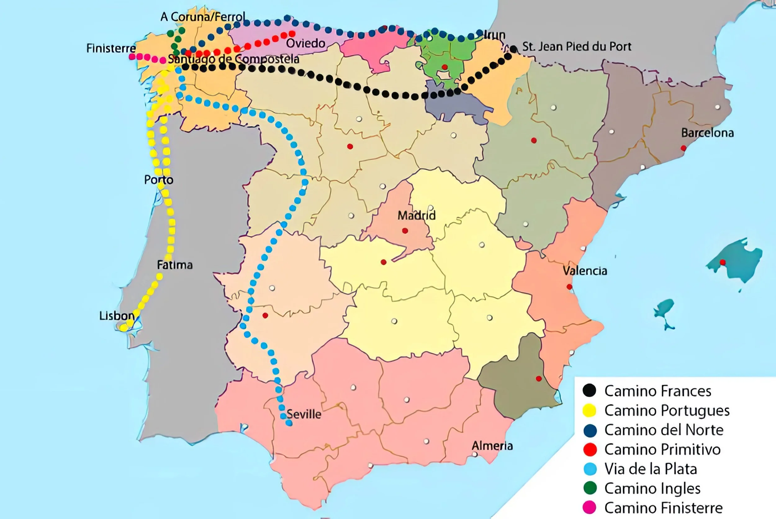 Map of Spain and Portugal showing various historical pilgrimage routes, including Camino Frances, Camino Portugues, Camino del Norte, Via de la Plata, Camino Ingles, and Camino Finisterre, marked with different colored lines.