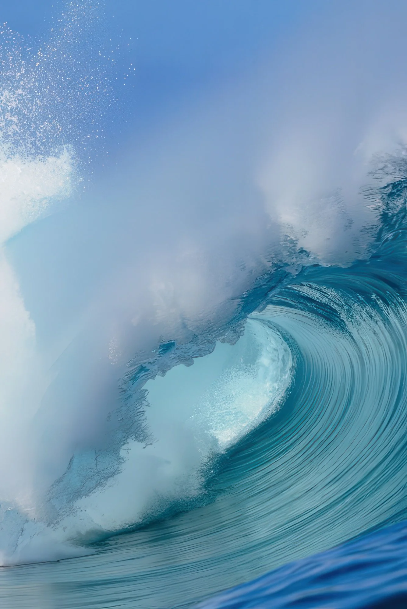 A large ocean wave with water spraying and curling, captured from a side angle under a clear blue sky.