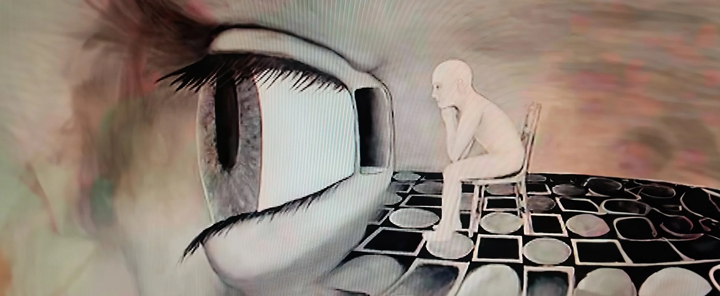 A person sitting on a chair with their head resting on their hand, appearing to be in deep thought, near a large magnified human eye with detailed eyelashes and iris.