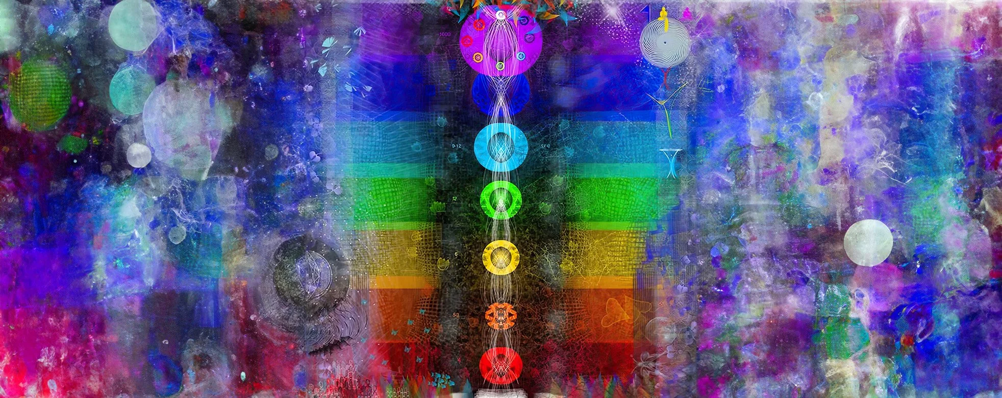 Abstract digital artwork featuring rainbow-colored chakras aligned vertically against a background of vibrant, swirling colors and geometric patterns.