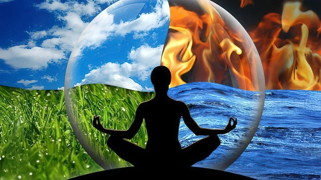 A silhouette of a person meditating in front of a circular background depicting four elements: clouds and sky, flames, water, and green grass.