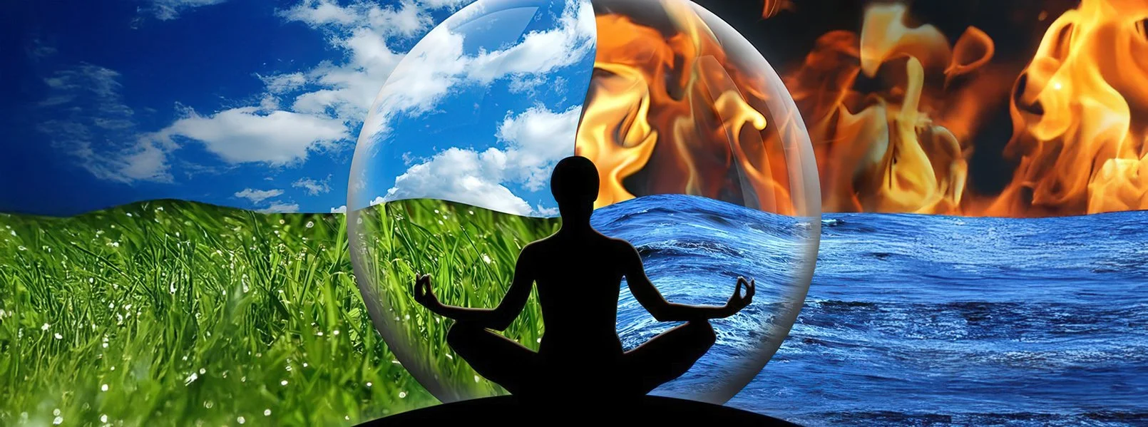 Silhouette of a person sitting in a meditation pose with a transparent sphere around them, dividing the environment into four quadrants representing different natural elements: green grass and blue sky with clouds, water with waves, fire with flames, and cloudy sky.