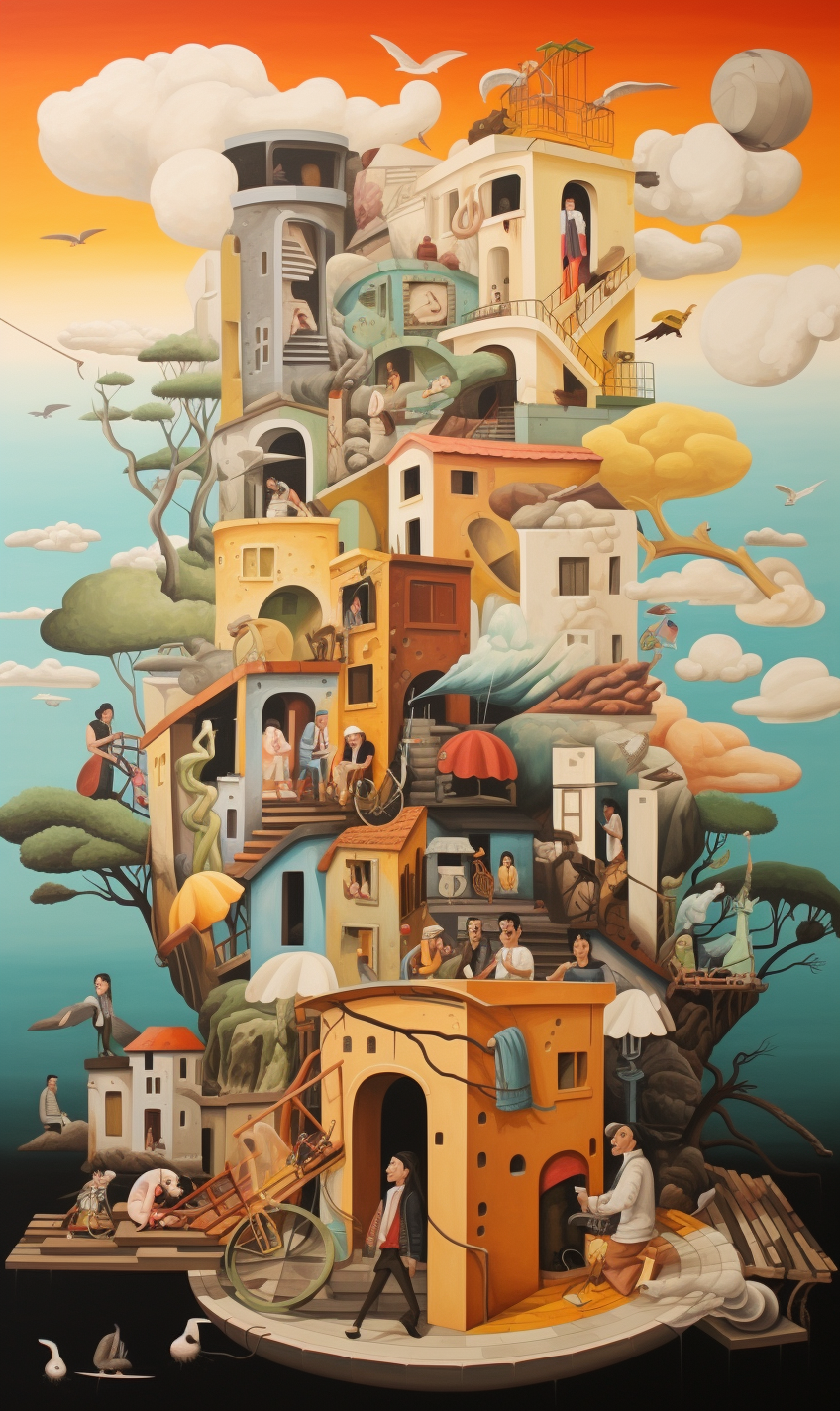 Surreal artwork depicting a large floating house with many rooms, stairs, and small human figures engaging in various activities, surrounded by clouds, birds, trees, and clouds painted in a colorful, whimsical style.