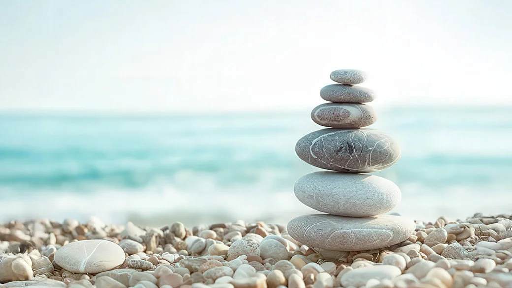 Stack of seven smooth, flat stones balanced on a pebble-covered beach, with a blurred ocean and sky in the background.