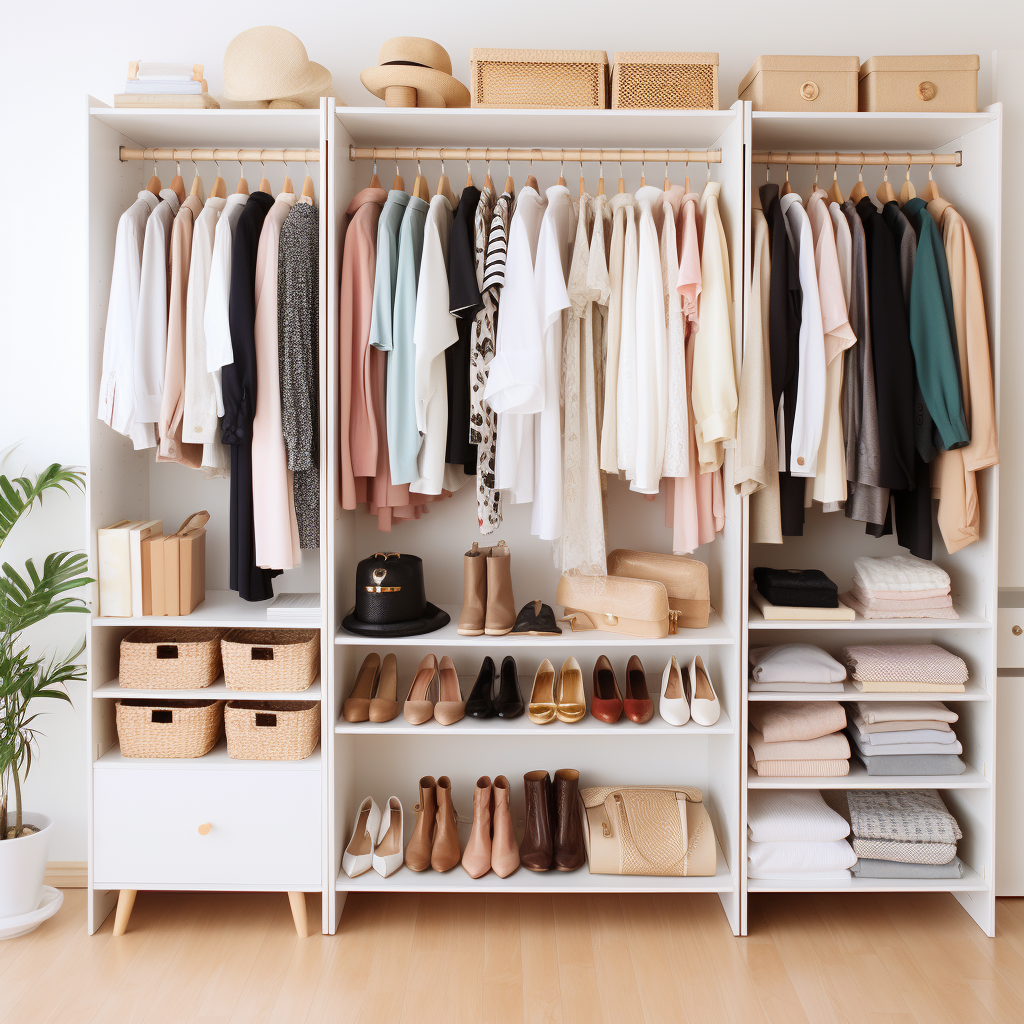 Open white wardrobe with clothing, shoes, and storage baskets, with a potted plant on the left and wooden floors.