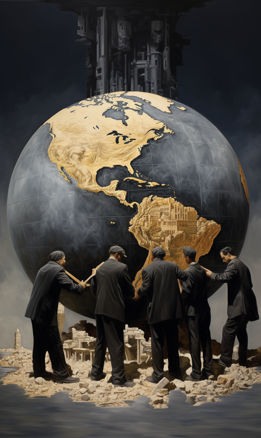 A large globe with North and South America depicted on wood and metal textures. Five men in black suits and hats are holding the globe, standing on rocky terrain. The background is dark with industrial structures above.