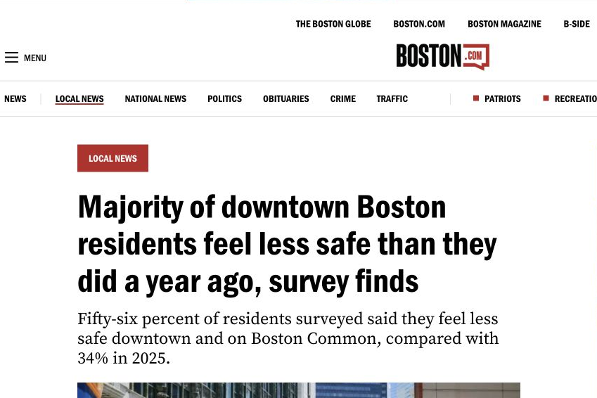 Screenshot of Boston.com article, “Majority of downtown Boston residents feel less safe than they did a year ago, survey finds.”