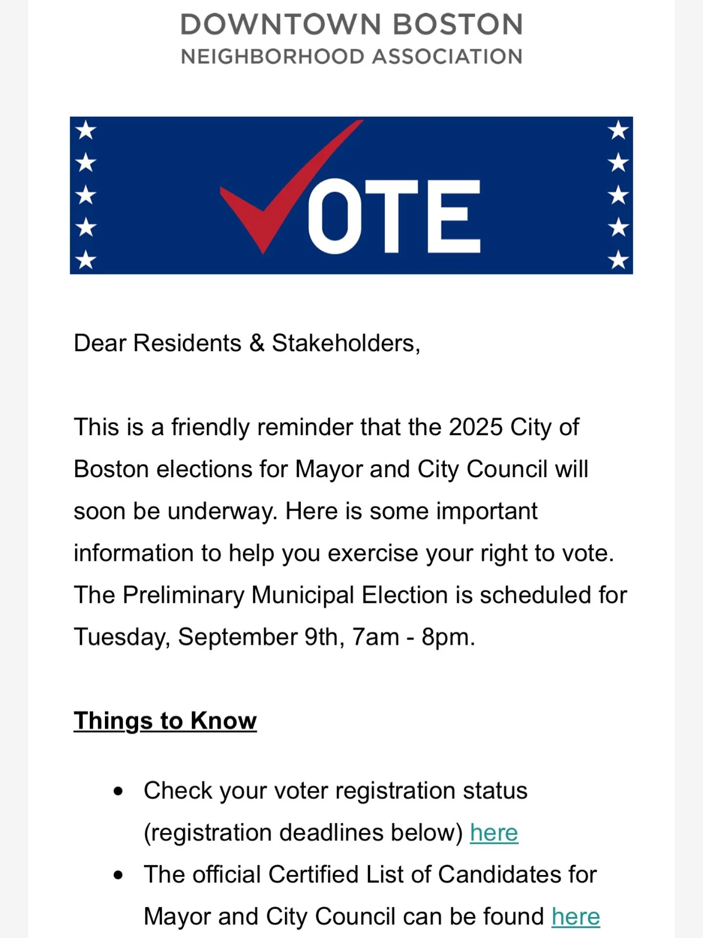 Bostonians, election season is here! Exercise your right to vote and have your voice heard. The Preliminary Election for Mayor and City Councilors is on Tuesday, 9/9, 7am - 8pm. Be sure to cast your ballot! #vote #boston #election 🗳️

https://mailch