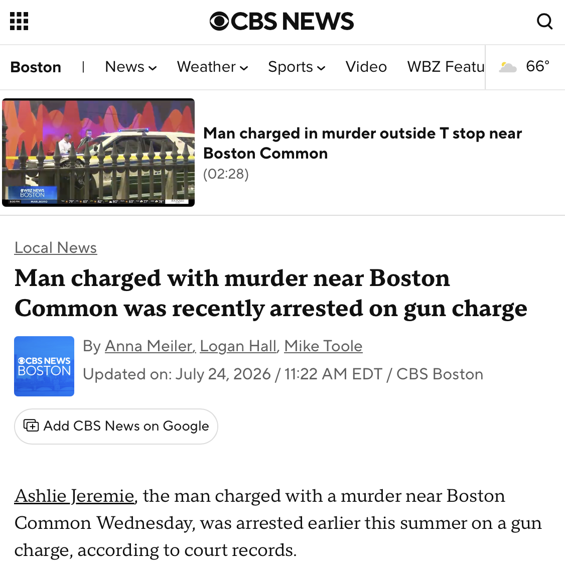Man charged with murder near Boston Common was recently arrested on gun charge