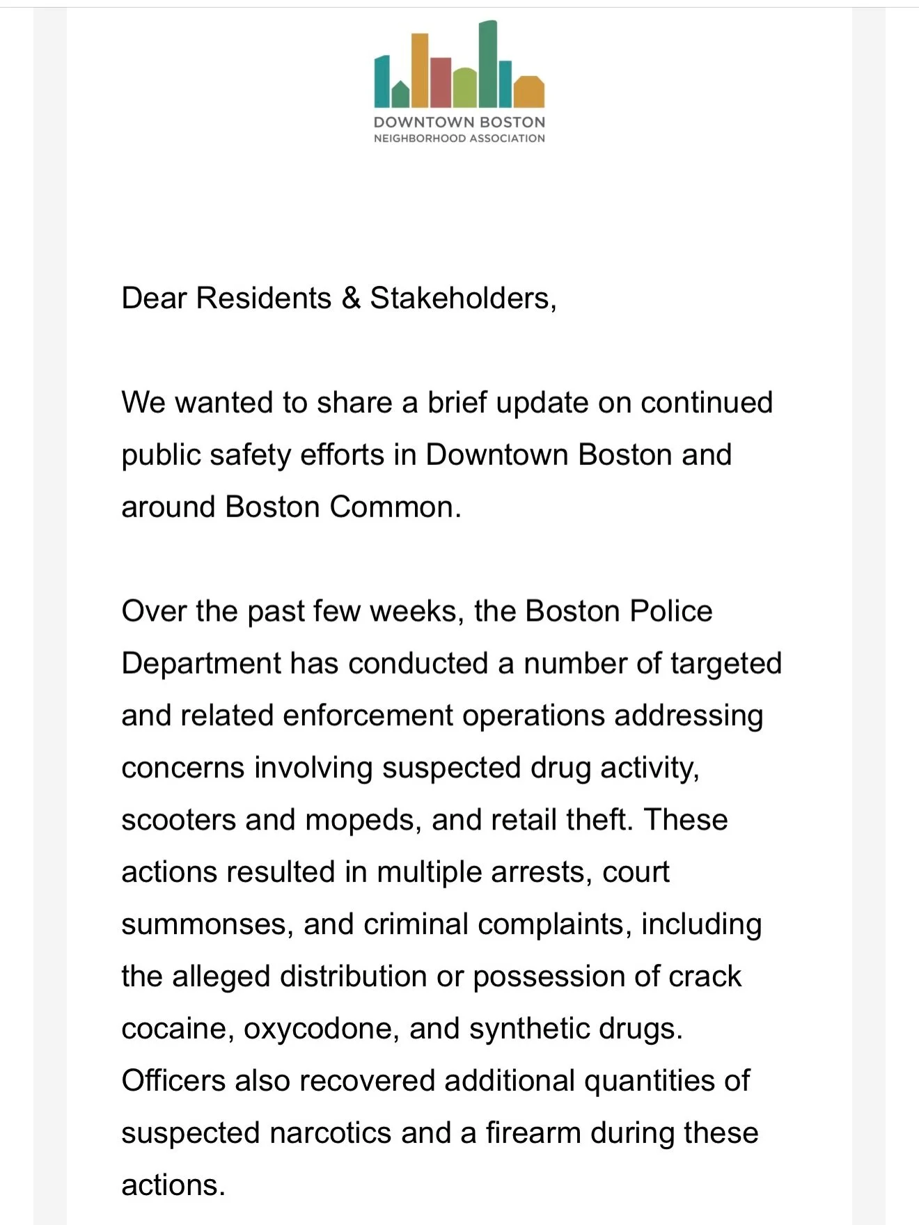 A brief update on continued public safety efforts in Downtown Boston and around Boston Common. More at BOSdowntown.org

Over the past few weeks, the Boston Police Department has conducted a number of targeted and related enforcement operations addres