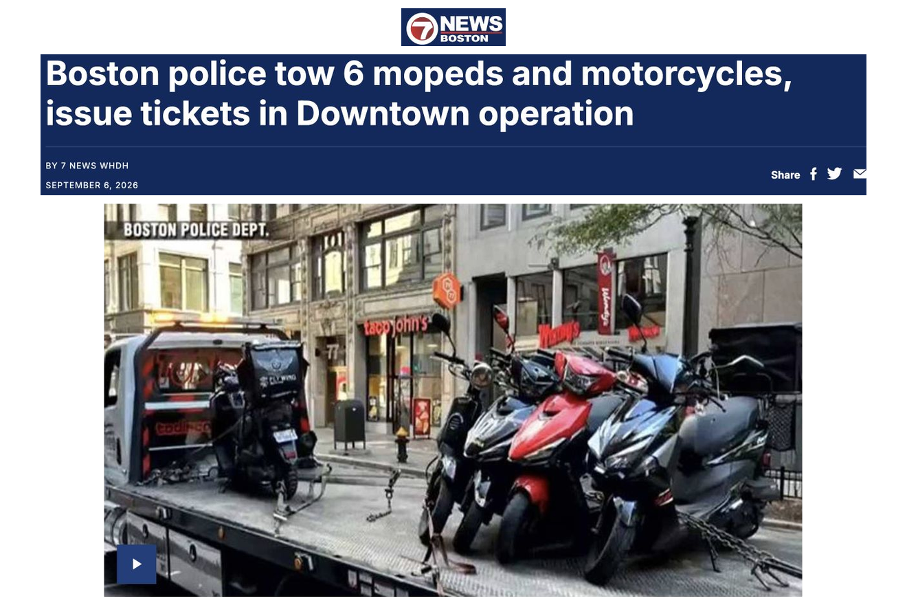 Boston police tow 6 mopeds and motorcycles, issue tickets in Downtown operation