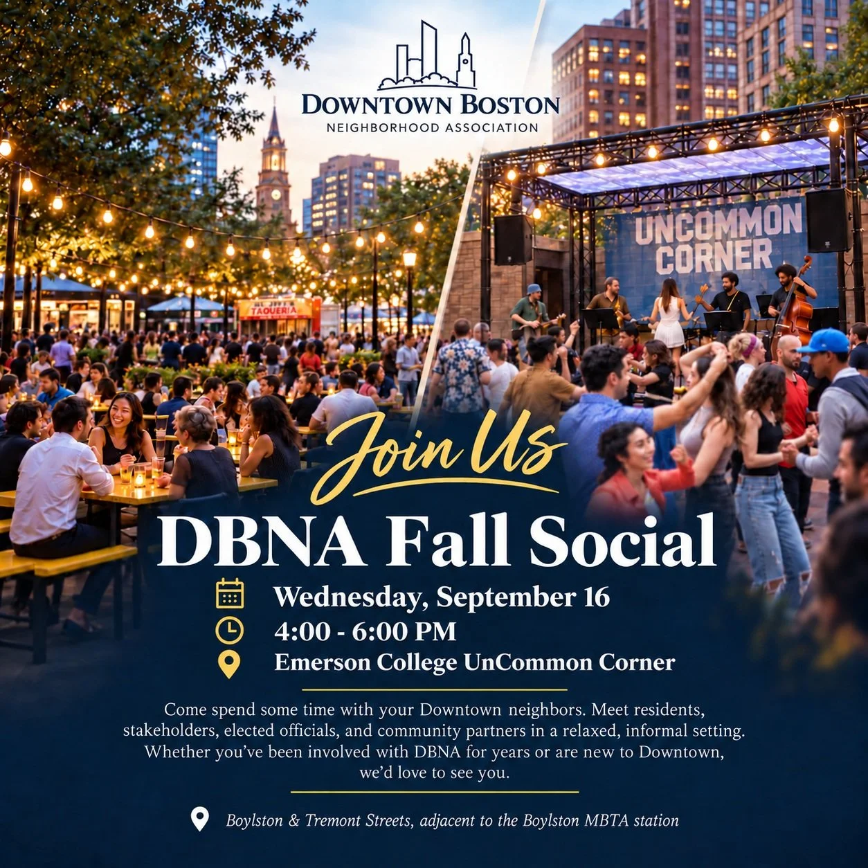 Join Us! DBNA Fall Social at UnCommon Corner. This Wednesday, September 16, 4-6PM at the Emerson College UnCommon Corner (Boston Common).

Come spend some time with your Downtown neighbors at our next DBNA Social. There&rsquo;s no formal program or a