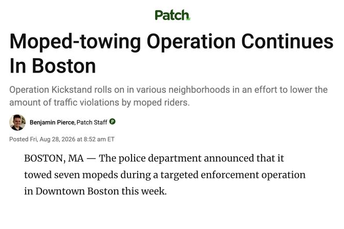 Screenshot of Patch article, “Moped-towing Operation Continues In Boston.”