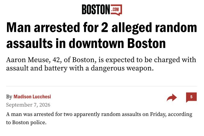 Screenshot of Boston.com article, “Man arrested for 2 alleged random assaults in downtown Boston.”