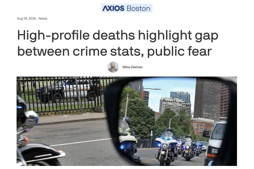 Screenshot of Axios Boston article, “High-profile deaths highlight gap between crime stats, public fear.”