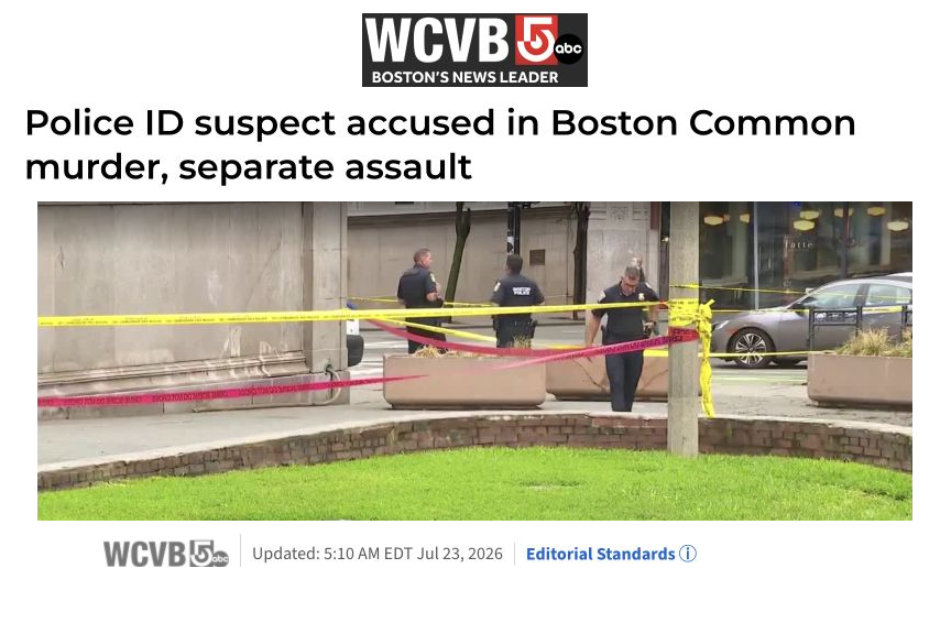 Screenshot of WCVB / NewsCenter 5 article, “Police ID suspect accused in Boston Common murder, separate assault.”