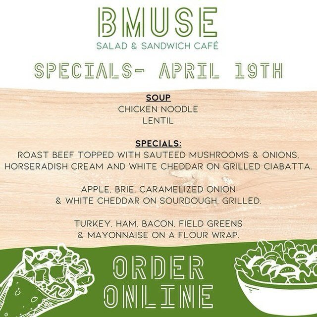 Kick off your weekend with a fresh, healthy &amp; delicious special from Bmuse! Reach out for our roast beef, top with saut&eacute;ed mushrooms and onions, horseradish cream, and white cheddar on a grilled ciabatta. Enjoy our apple, brie and carameli